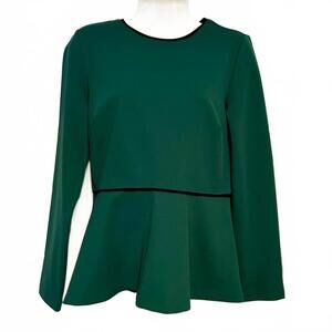 Ann Taylor Pine Green Long Sleeve Peplum Blouse with Black Trim | Size XS